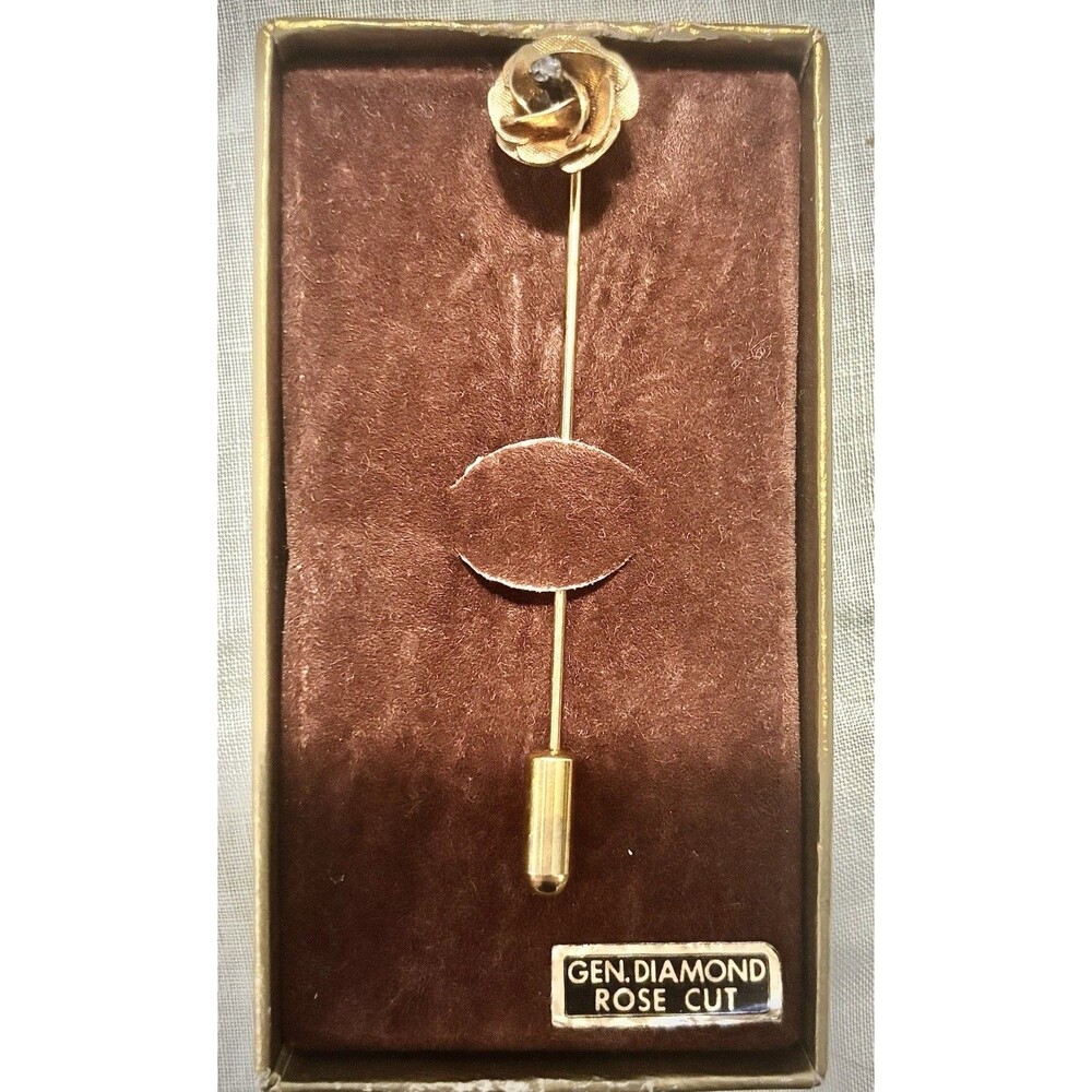 Vintage Rose Stick Hat Pin Gold Tone Diamond Wedding Lapel Pin w Original Box